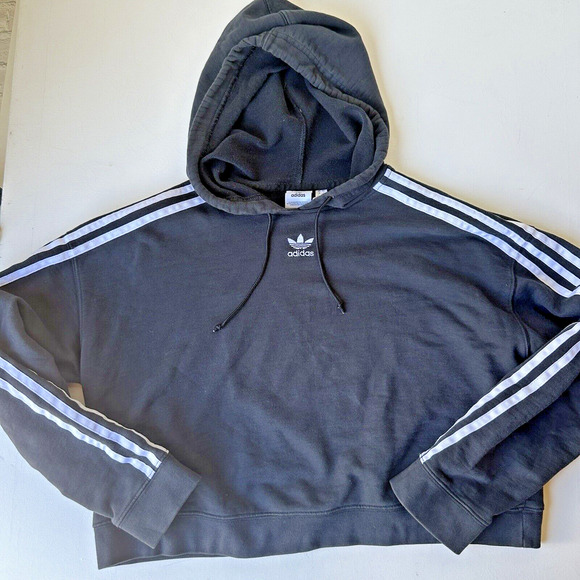 Adidas Jacket Sweatshirt Cropped Pullover Hooded Three Stripes Black Small - Picture 1 of 9